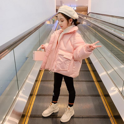 Модерно детско яке с джобове за момичета с висоак яка