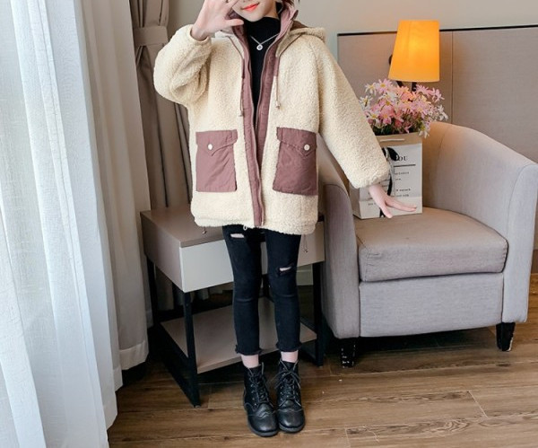 Нов модел детско вълнено палто с джобове и качулка за момичета