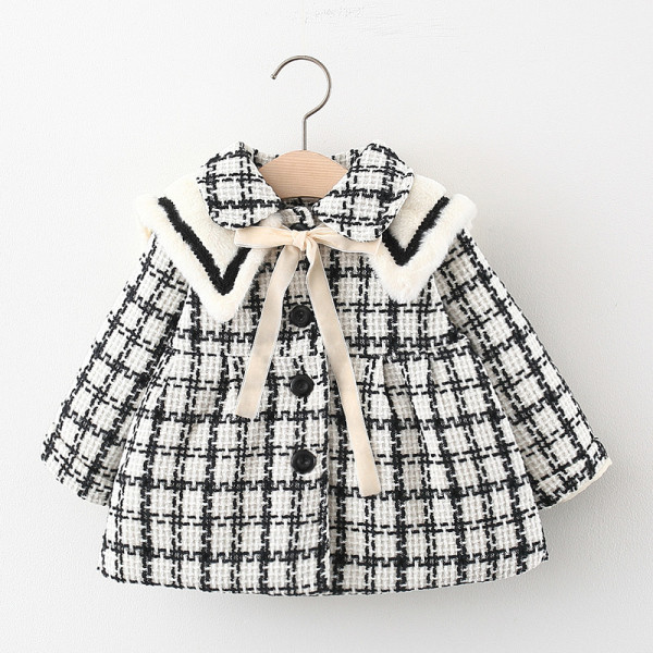 Детско ежедневно карирано яке с копчета и панделка в черен и розов цвят