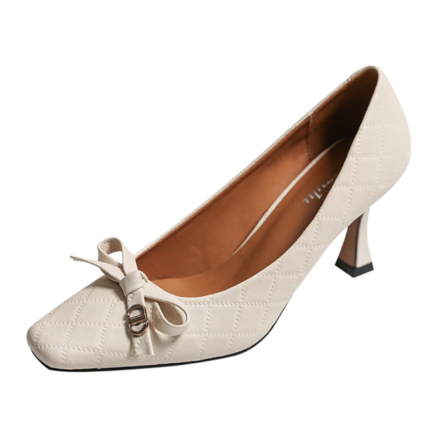 Ženske kožne cipele s trakom i visokim petama u bež i crnoj boji