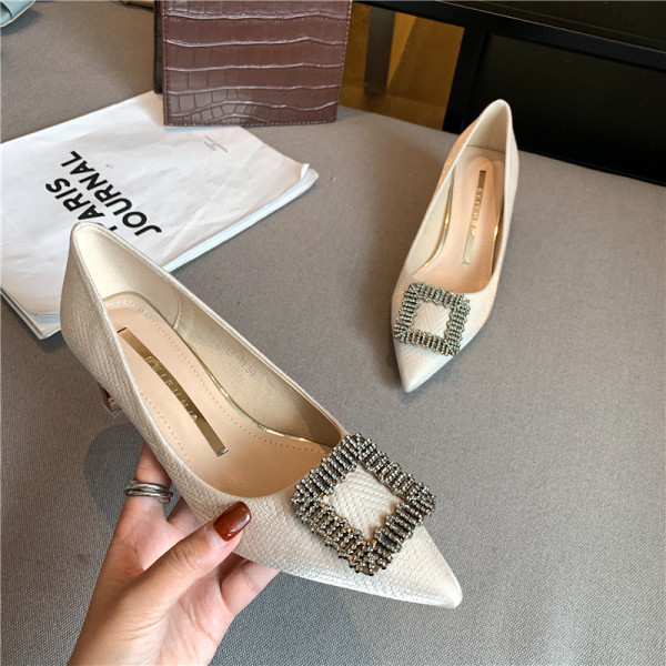 Ženske cipele na špic s metalnom kopčom i visokom petom