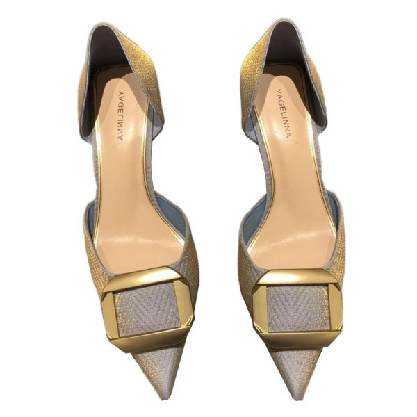 Moderne ženske cipele s metalnom kopčom u bež i plavoj boji