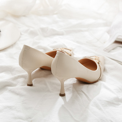 Kožne ženske cipele na špic s metalnim elementom