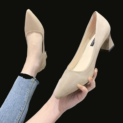 Ženske cipele od brušene kože na petu - model na špic u tri boje