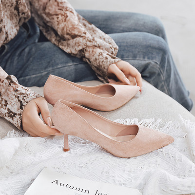 Pantofi casual dama din piele intoarsa - model ascutit cu toc