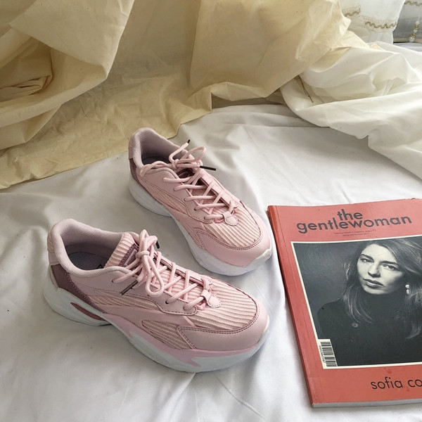 Tenisi casual dama cu sireturi - in alb si roz