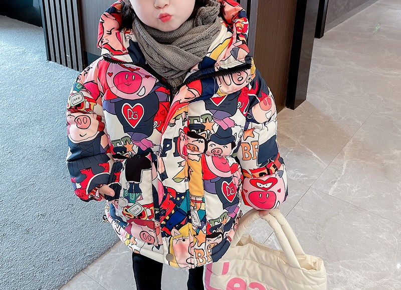 Ležerna dječja jakna za djevojčice s uzorkom u boji i kapuljačom