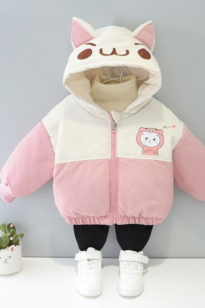 Vaikiška striukė su gobtuvu ir kelių spalvų spalvota aplikacija