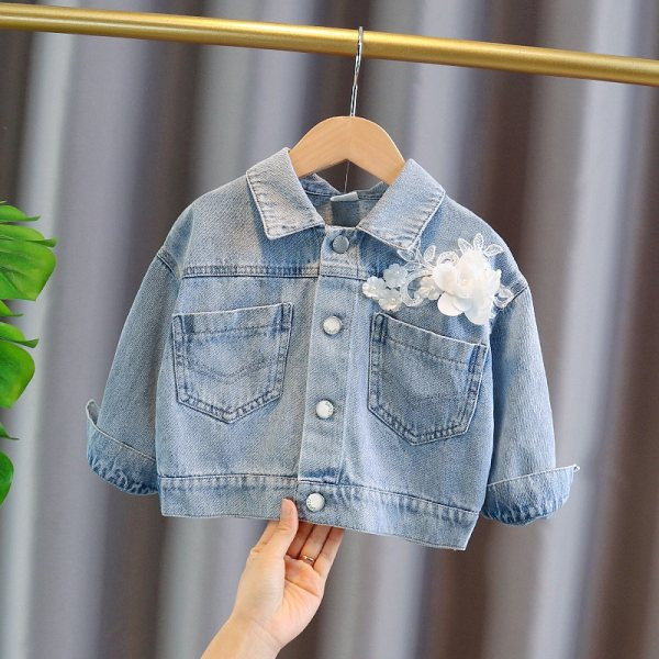 Dječja traper jakna s 3D cvjetovima i klasičnim ovratnikom