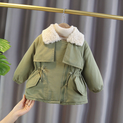 Mergaitės striukė su užtrauktuku ir kaklaraiščiais parko tipo