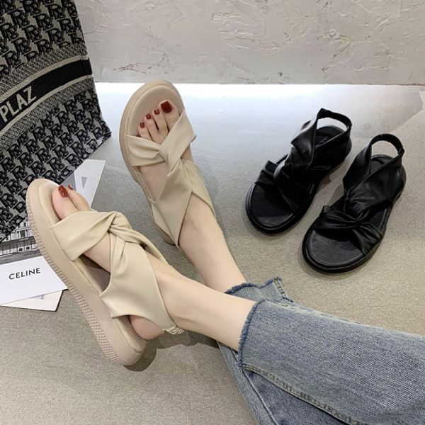 Sandale casual dama din piele ecologica in bej si negru