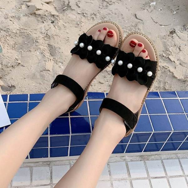 Sandale casual dama cu talpa plate si perle