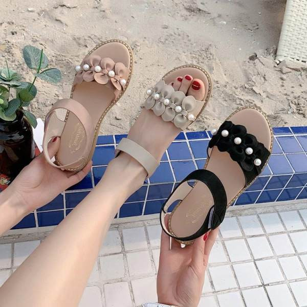 Sandale casual dama cu talpa plate si perle