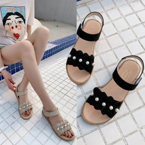 Sandale casual dama cu talpa plate si perle