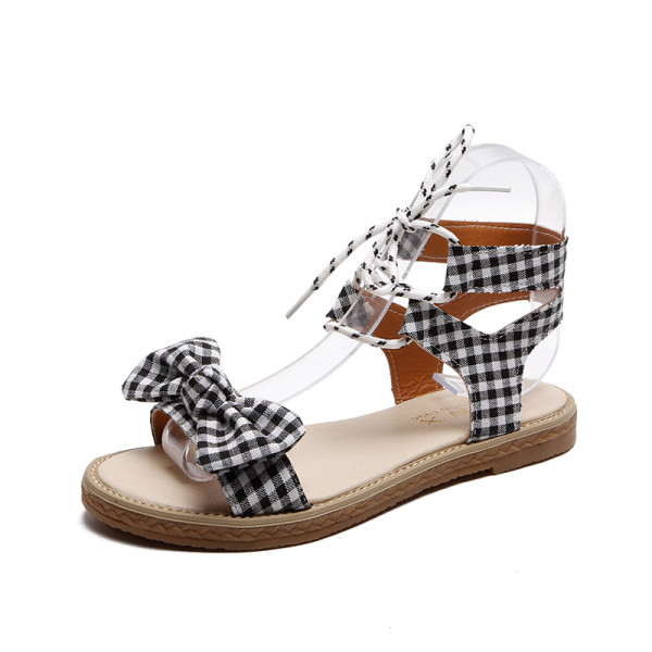 Sandale de dama cu panglica in carouri si talpa plata