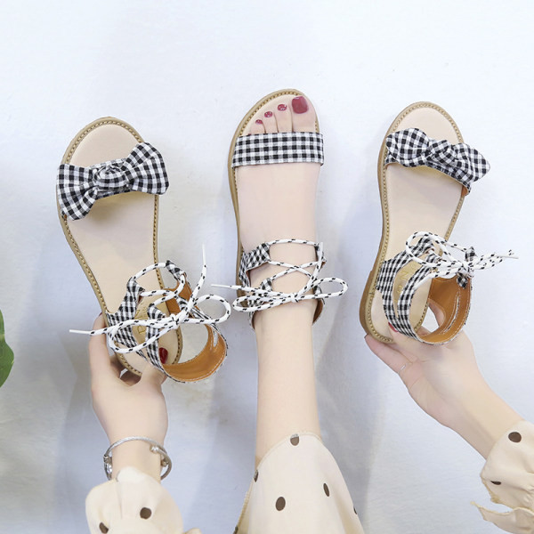 Sandale de dama cu panglica in carouri si talpa plata
