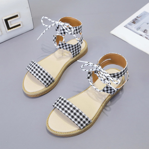 Sandale de dama cu panglica in carouri si talpa plata