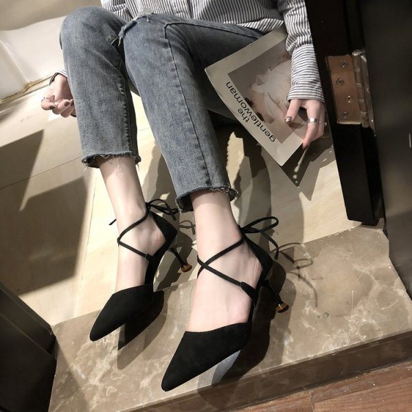 Sandale moderne pentru femei din piele intoarsa ecologica cu toc subtire