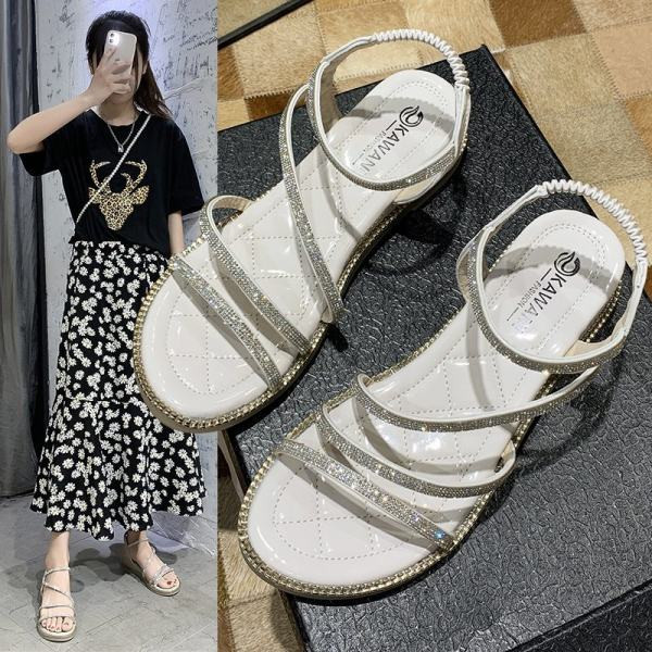 Ženske sandale sa kamenčićima i ravnim đonom u dvije boje