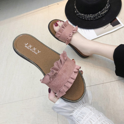 Papuci casual dama din piele intoarsa ecologica cu talpa plata