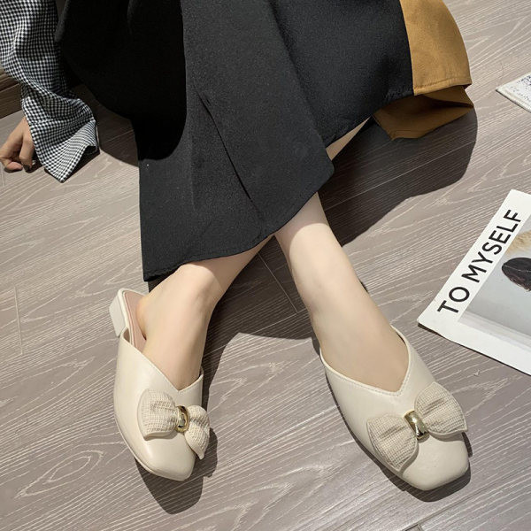 Papuci de dama din piele cu panglica si talpa plata