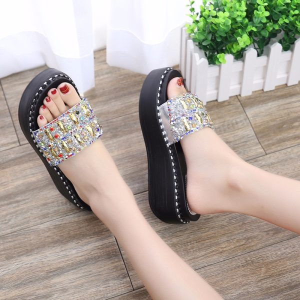 Ljetne ženske papuče sa kamenčićima i platformom 6 cm