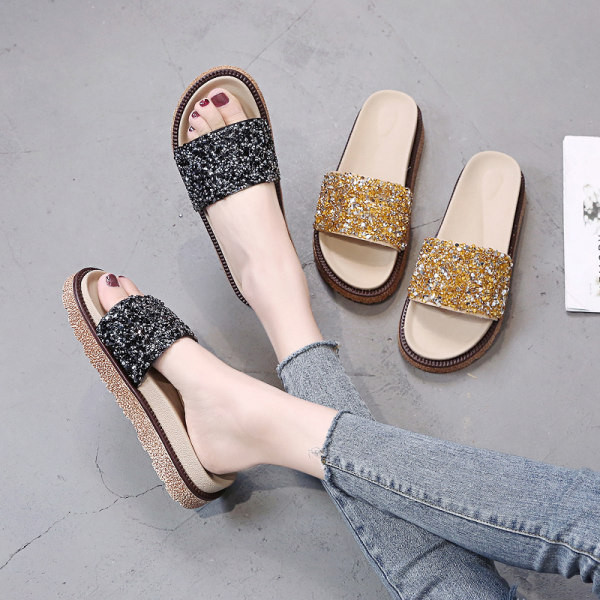 Papuci de damă cu talpă plată și particule strălucitoare