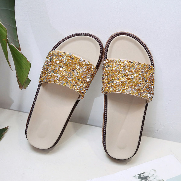 Papuci de damă cu talpă plată și particule strălucitoare