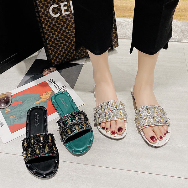 Papuci de vara de dama cu pietre si talpa plata in trei culori