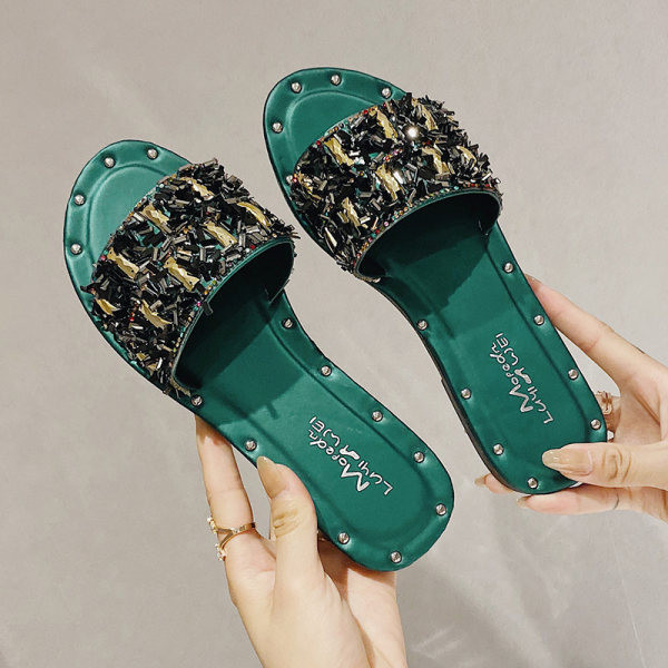 Papuci de vara de dama cu pietre si talpa plata in trei culori