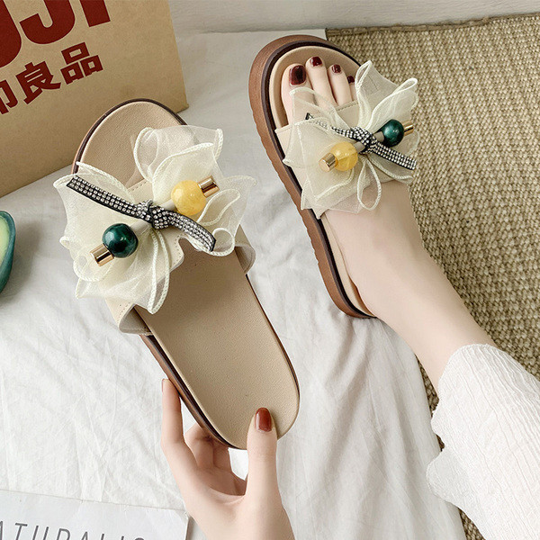 Papuci moderni de dama cu panglica si margele