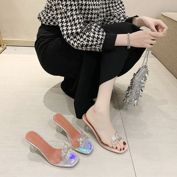 Papuci casual cu panglica si toc transparent potriviti pentru vara