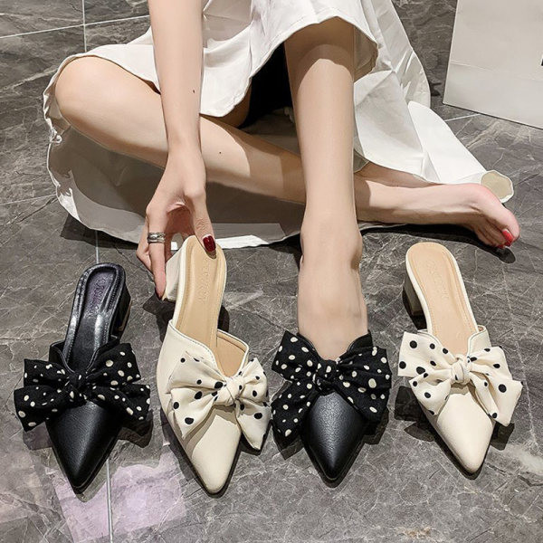 Papuci casual dama cu toc si panglica in alb si negru