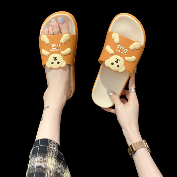 Papuci de damă cu talpă plată și ursuleț de pluș