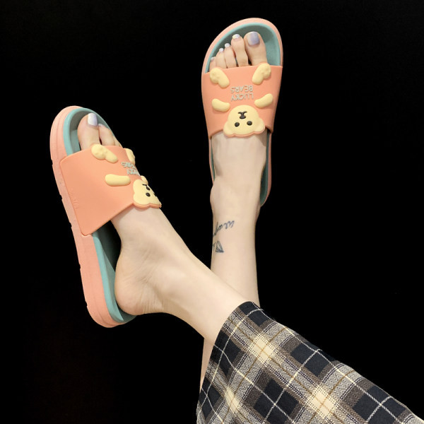 Papuci de damă cu talpă plată și ursuleț de pluș