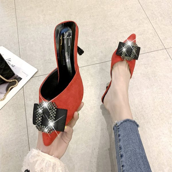 Papuci eleganti din piele intoarsa ecologica cu tocuri subtiri si pietre