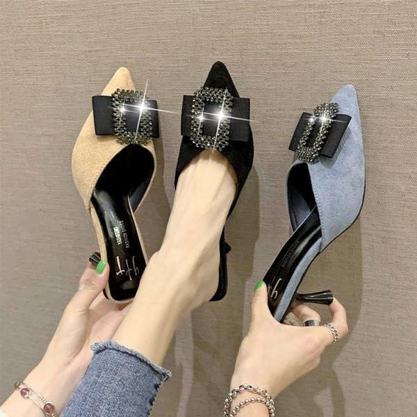 Papuci eleganti din piele intoarsa ecologica cu tocuri subtiri si pietre