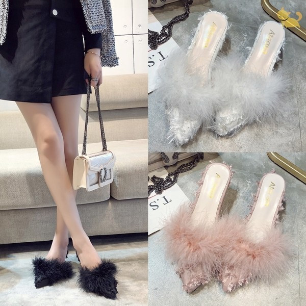 Elegantne ženske papuče s puhom - špic model u tri boje