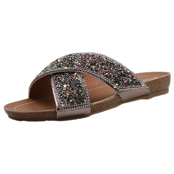 Ženske casual papuče sa sjajnim efektom i ravnim potplatom
