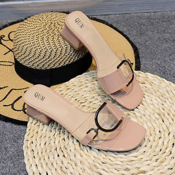 Papuci moderni de dama cu toc de 3 cm grosime si element metalic