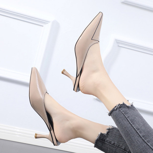 Model nou de papuci de dama ascutit din imitatie de piele cu toc inalt de 7 cm