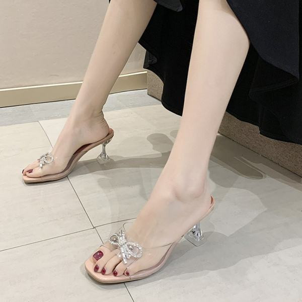 Papuci de dama cu toc transparent si panglica