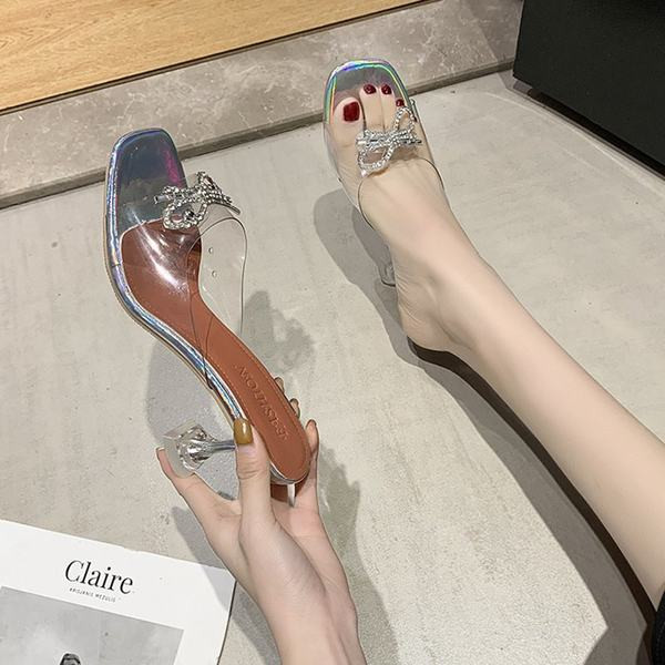 Papuci de dama cu toc transparent si panglica