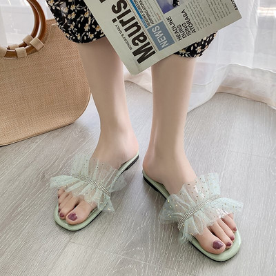 Γυναικείες casual παντόφλες με διακοσμητικές πέτρες και τούλι σε τρία χρώματα