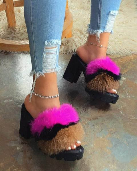 Papuci moderni cu puf si toc gros