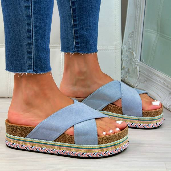 Papuci casual cu bretele incrucisate din piele intoarsa ecologica si platforma