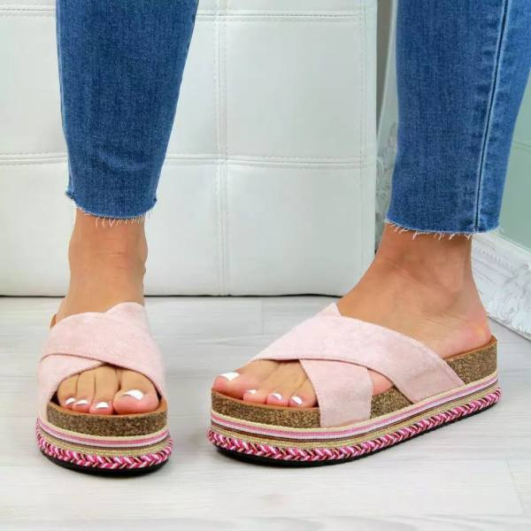 Papuci casual cu bretele incrucisate din piele intoarsa ecologica si platforma