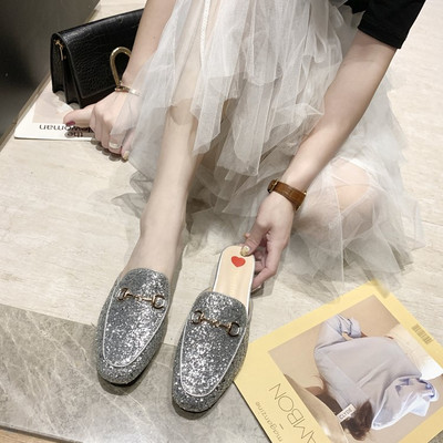 Papuci de dama moderni din piele ecologica cu element metalic