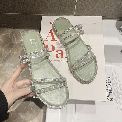 Γυναικείες παντόφλες με διακοσμιτικές πέτρες και επίπεδη σόλα σε δύο χρώματα