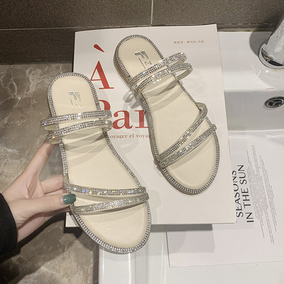 Γυναικείες παντόφλες με διακοσμιτικές πέτρες και επίπεδη σόλα σε δύο χρώματα